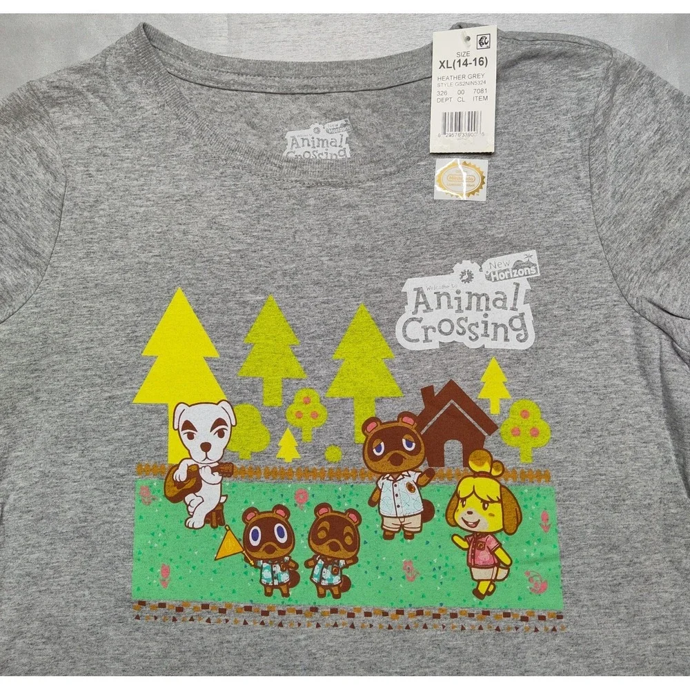 NINTENDO Animal Crossing Girls XL‎ (14-16) Graphic S/S Heather Gray T-Shirt NEW